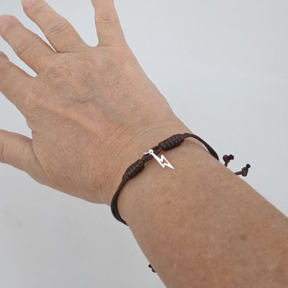 Lightning Bolt Bracelet Adjustable Gold or Silver Charm, Silky Brown Cord - Picture 3 of 4
